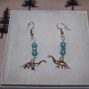 Hand Crafted Silver Dinosaur Earrings with Turquoise Accents